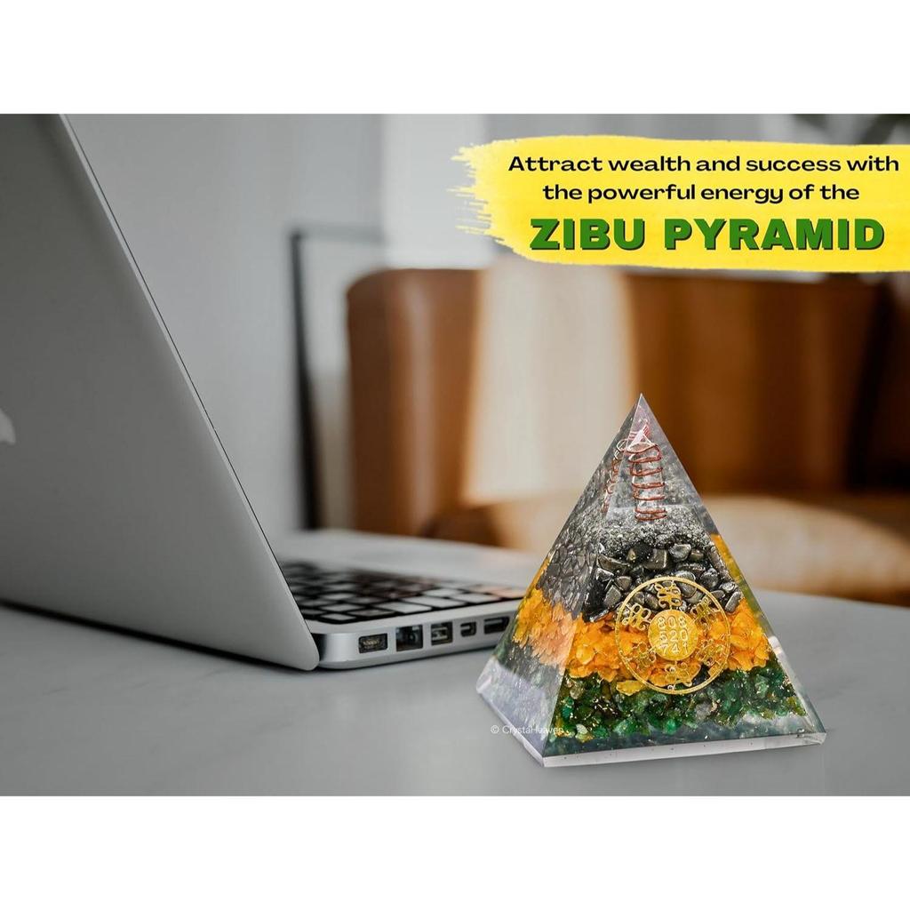Geldmagnet Pyrit Pyramide Vastu für Zuhause - Zertifizierter Pyrit Citrin | Grüner Aventurin Stein Original Pyramide mit Zibu Symbol