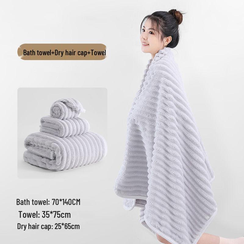 Coral Fleece Three-Piece Bath Set: Thick, Absorbent, Non-Shedding Towels with Hair Drying Cap.
