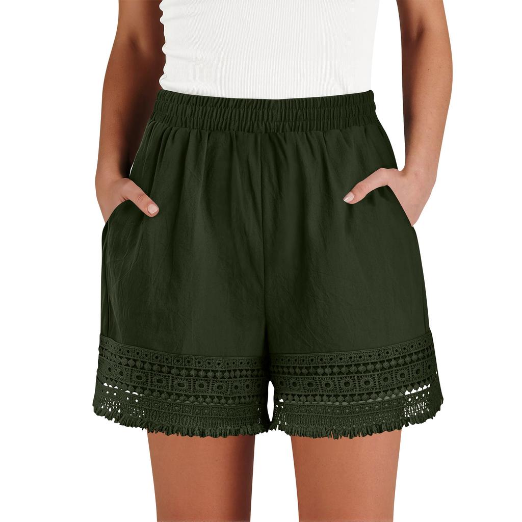 Women’s High Waist Elastic Shorts with Crochet Lace Trim Loose Fit Lightweight Summer Casual Shorts with Pockets