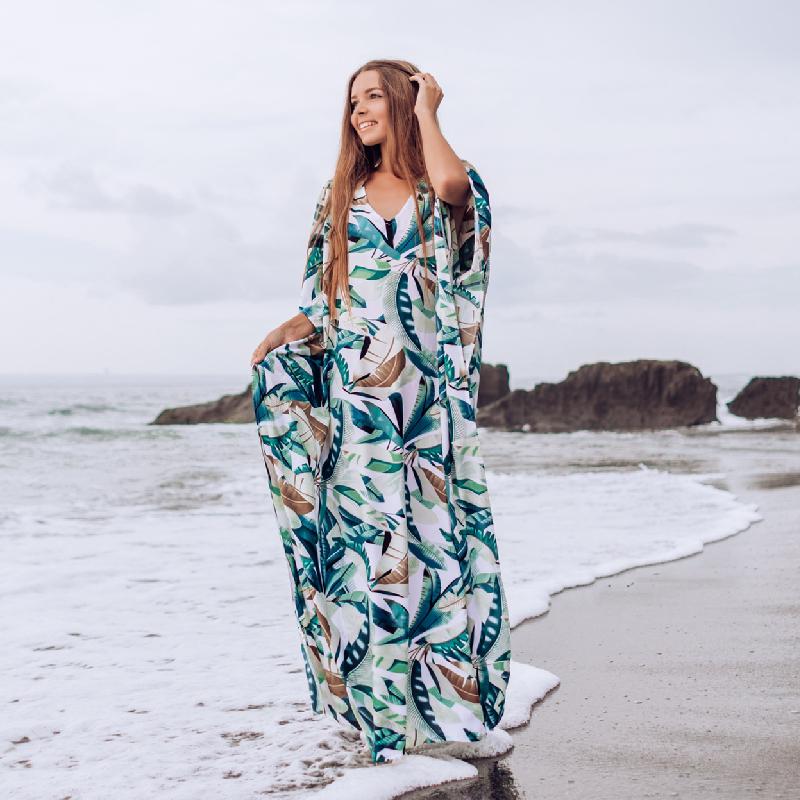 EDOLYNSA 2024 Quick-Drying Bohemian Women Summer Beach Dress Swim Wear Cover Up Tunic Sexy Deep Kaftan Beach Bikini Cover-Ups Pareo Q930