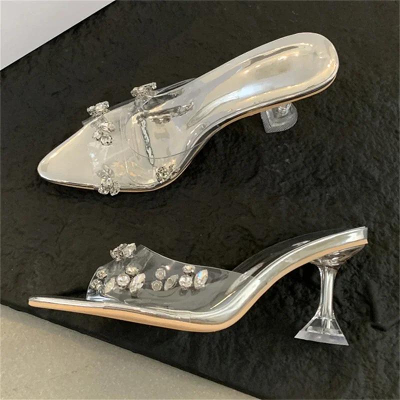 Fashion Eilyken Sexy Crystal Diamond PVC Transparent Pointed Toe High Heels Women Slippers Sandals Summer Slide Ladies Shoes