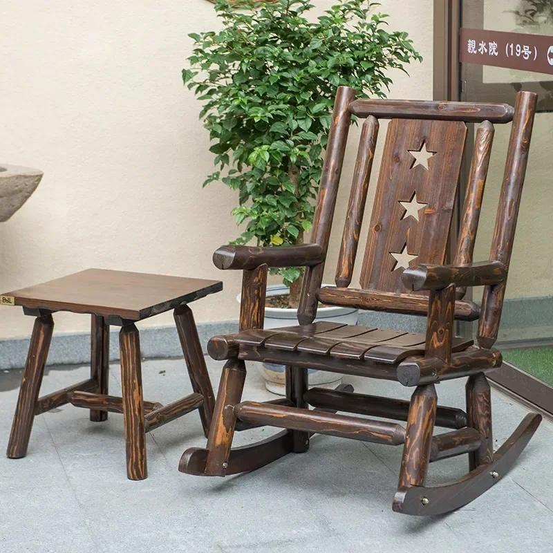 Antique Wood Rustic Rocking Log Chair Single Armchair For Porch Deck Balcony Indoor Outdoor Use Relaxation Lounge Seating Furnit