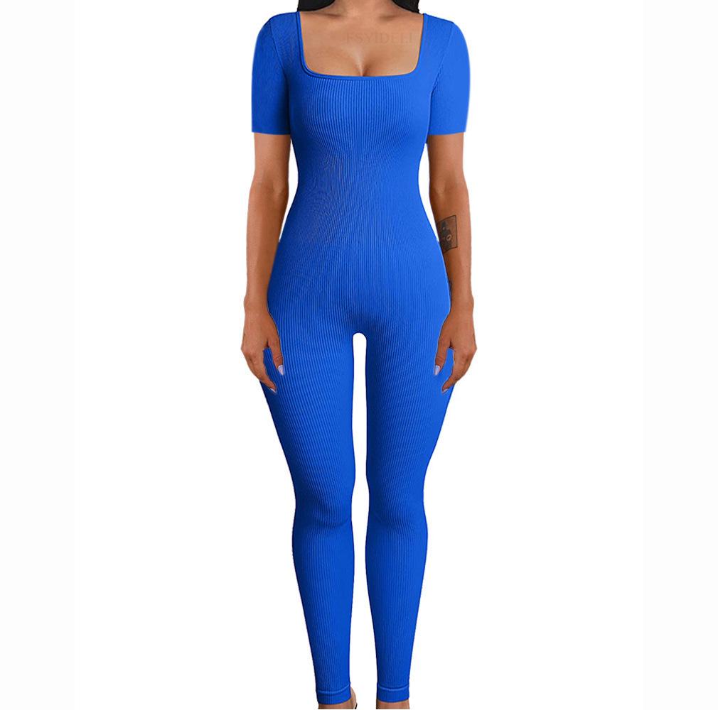 Women's Ribbed Square Neck Yoga Jumpsuit with Hip Lifting Slim Fit, Long/Short Sleeve