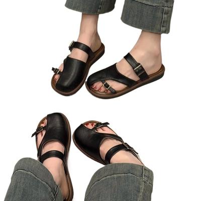 Ladies' Summer New Low Heeled Flat Bottomed Retro Roman Outdoor Versatile Cool Slippers with Exposed Toes and Toe Caps