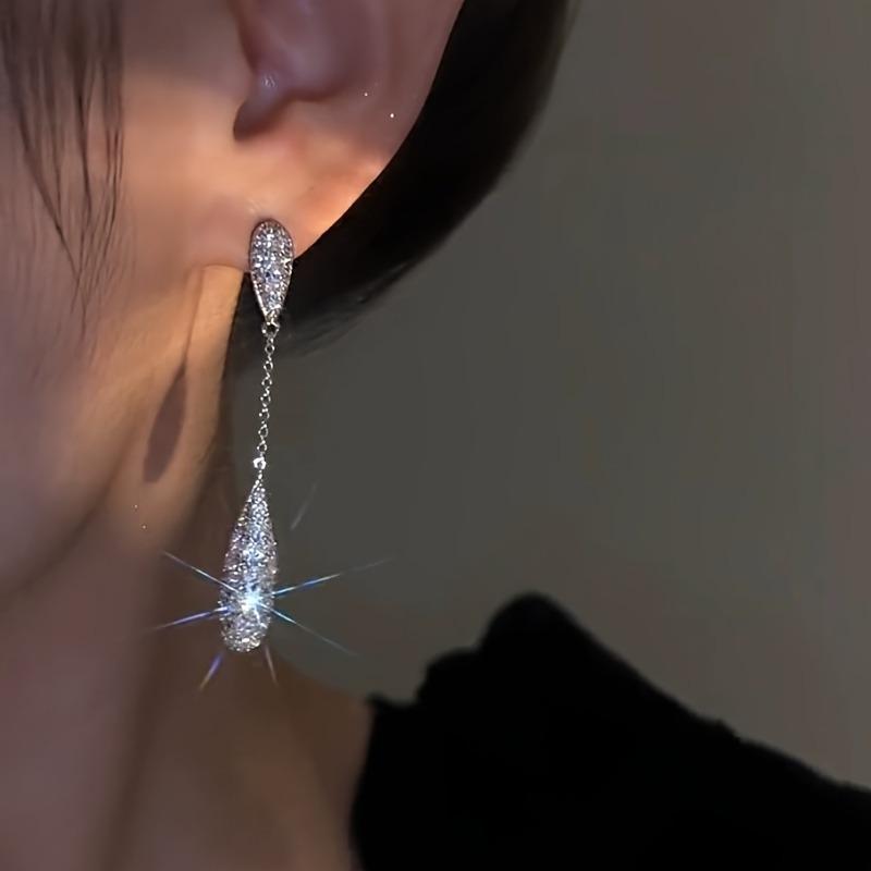 Exquisite Sparkling Zircon Droplet Shaped Tassel Pendant Earrings, Elegant and Fashionable Banquet Jewelry Gifts for Women