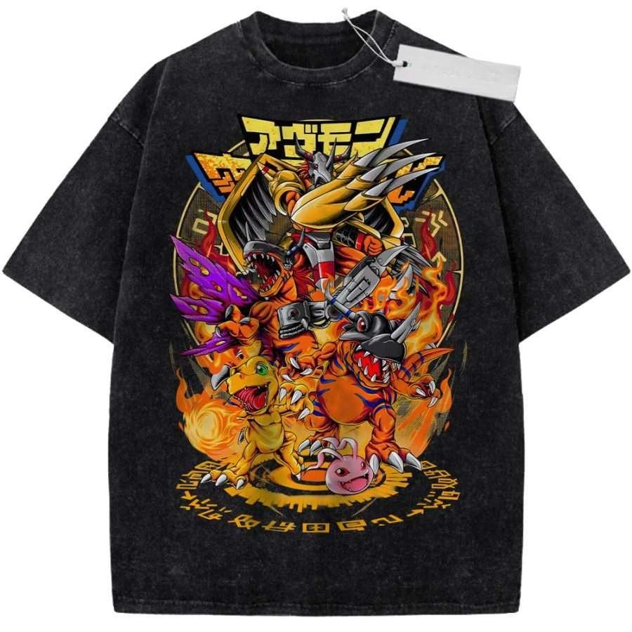 Cool Unisex Pure Cotton Washed Retro Digimon Characters Anime Print T Shirt Sports Short Sleeve Top