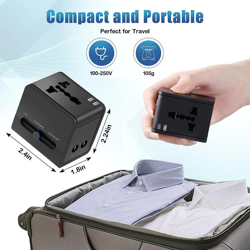 Adaptador de Viagem Universal com 2 Portas USB, Extensão de Energia Tudo-em-Um Mundial para + de 150 Países