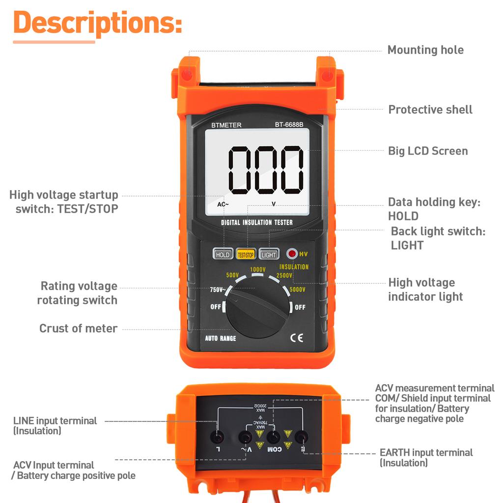 Portable Digital Insulation Resistance Tester, Voltage Range Up To 5000V, BT-6688B Digital Dielectric Megohmmeter Tool