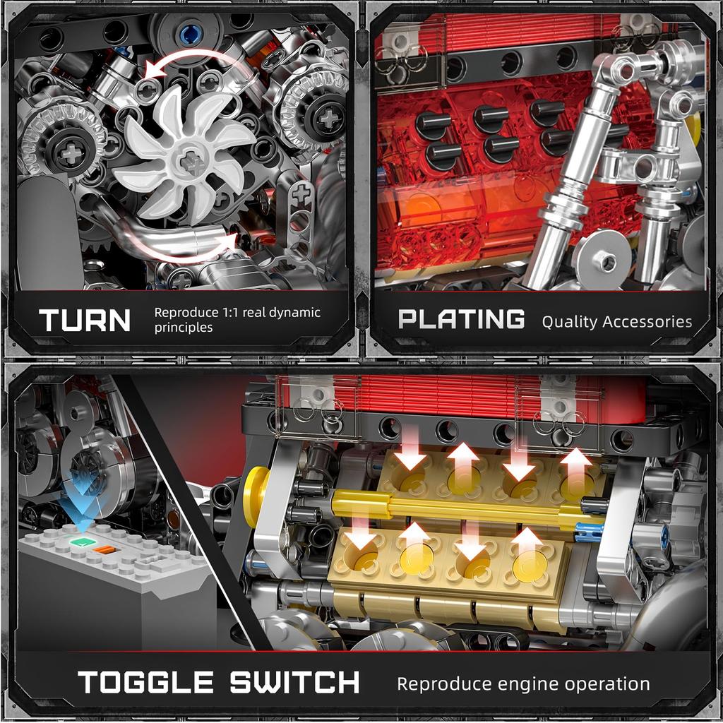 Mould King 10163 Technology W16 Engine Block 955 Pieces Engine Block Set Gifts for Boys and Girls Toy, (Red)