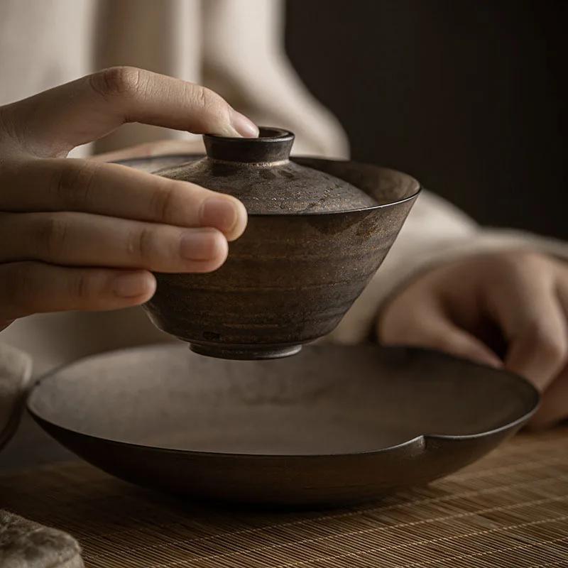 140ml Retro Rust Glaze Ceramic Tea Tureen Chinese Tea Maker Non-hot Gaiwan Handmade Coarse Pottery Tea Bowl Creative Teaware Set