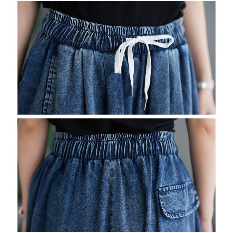 Summer Plus Size Women Jeans Long Pants Basic Trousers Loose Wide Leg Pants Casual Solid Blue Large Size