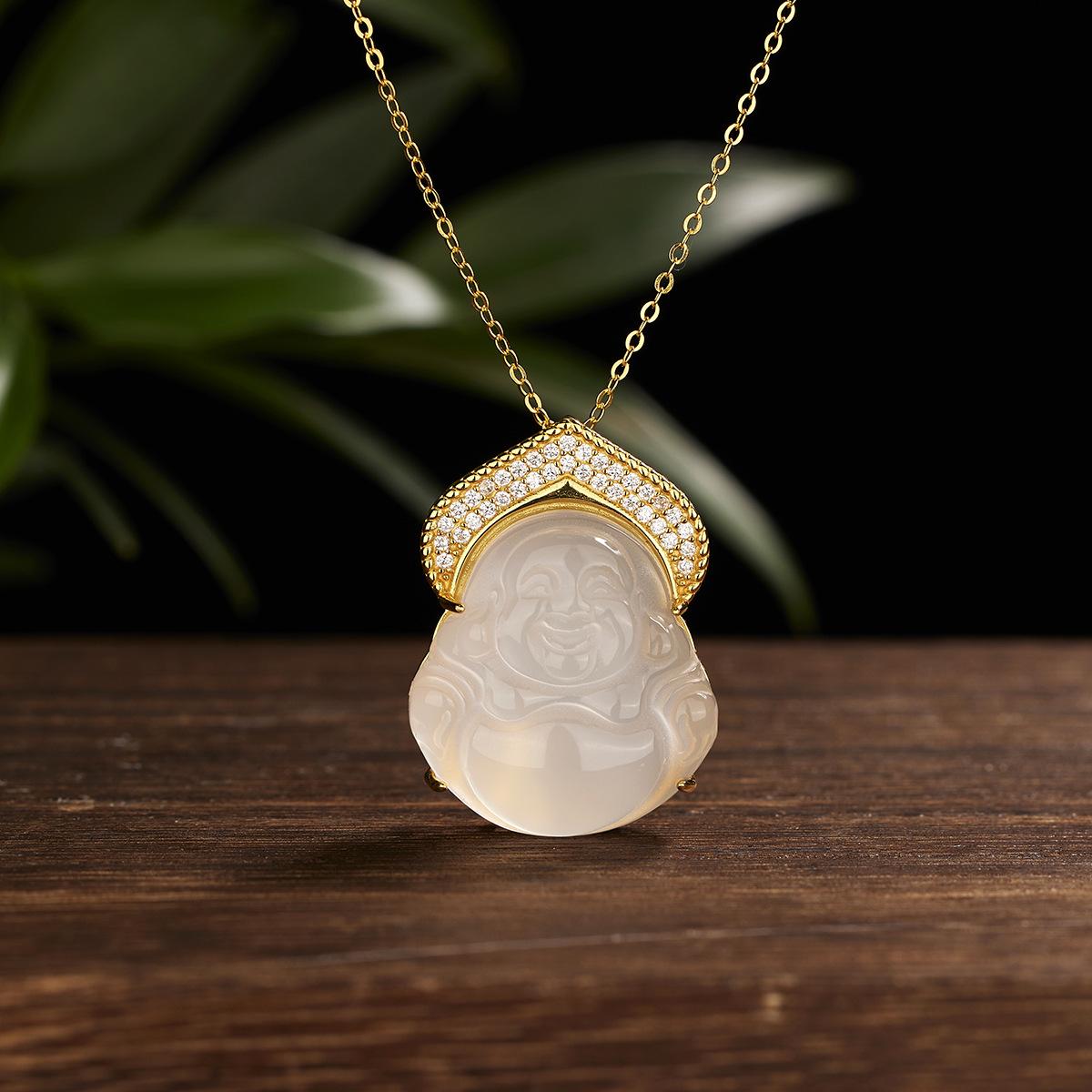 

Серебряный Будда S925, мужской, тысяча золотых бриллиантов, инкрустированных белым ледяным халцедоном, большой живот Будды, подвеска в виде Будды Майтрейи, женские украшения 925 silver