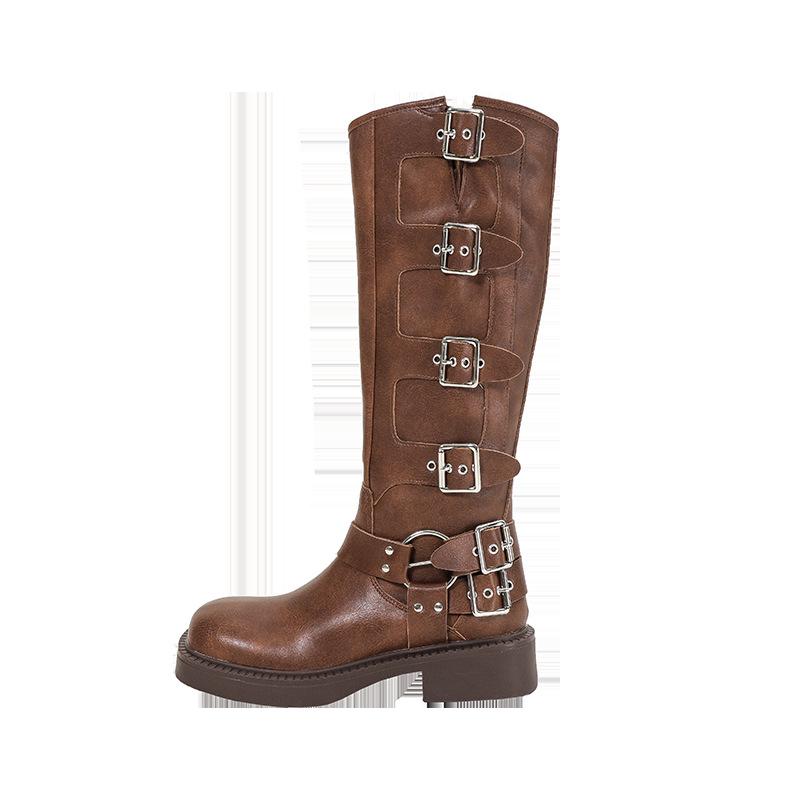 Popular Fashion Coarse Heel Brown Martin Boots Women's Metal Buttons Decorative Long Knight Women's Boots Spring and Autumn Women's