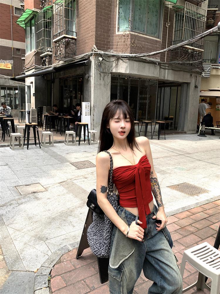 Red Bow Bandeau Top - Women's Chic Summer Camisole