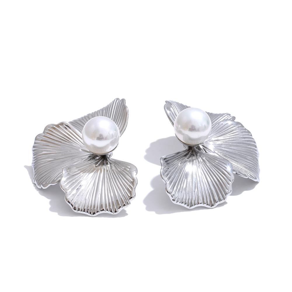 

Yhpup Big Flower Fashion Gold Platinum PVD Plated Statement Stud Earrings Jewelry for Women Inlay Quality Imitation Pearl
