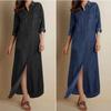 Damen Jeanshemdkleid Vintage Revers Langarm Lässig Knopfleiste Maxi Jeanskleider