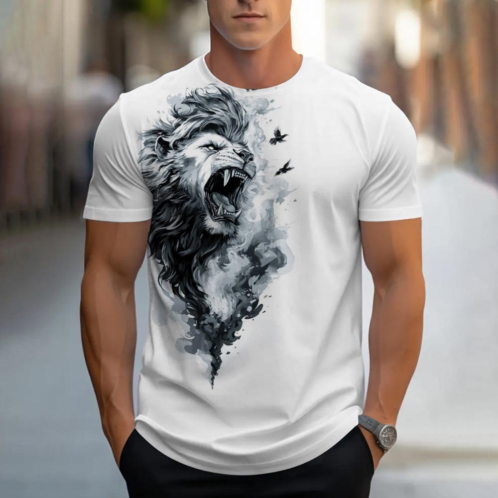 Men's Summer Fashion Lion T-shirt Men's Casual Breathable Short Sleeve Round Neck Printed Street Personalized Top