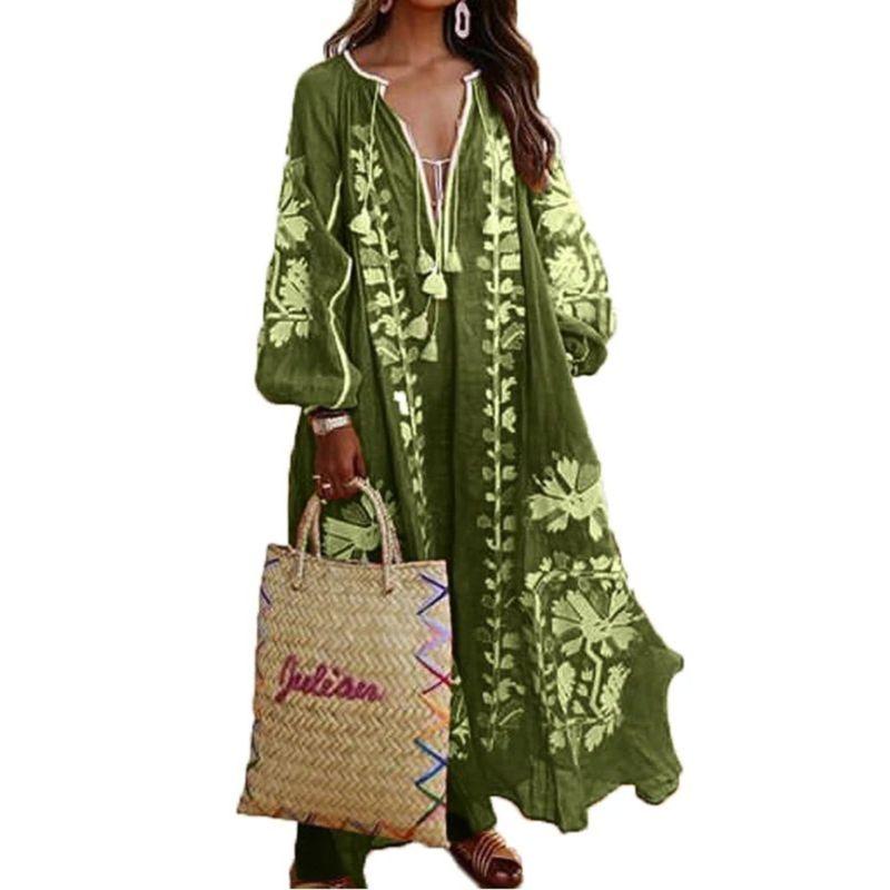 Long-Sleeve V-neck Print Loose Dress Long Sleeves V Neck Print Loose Long Dress