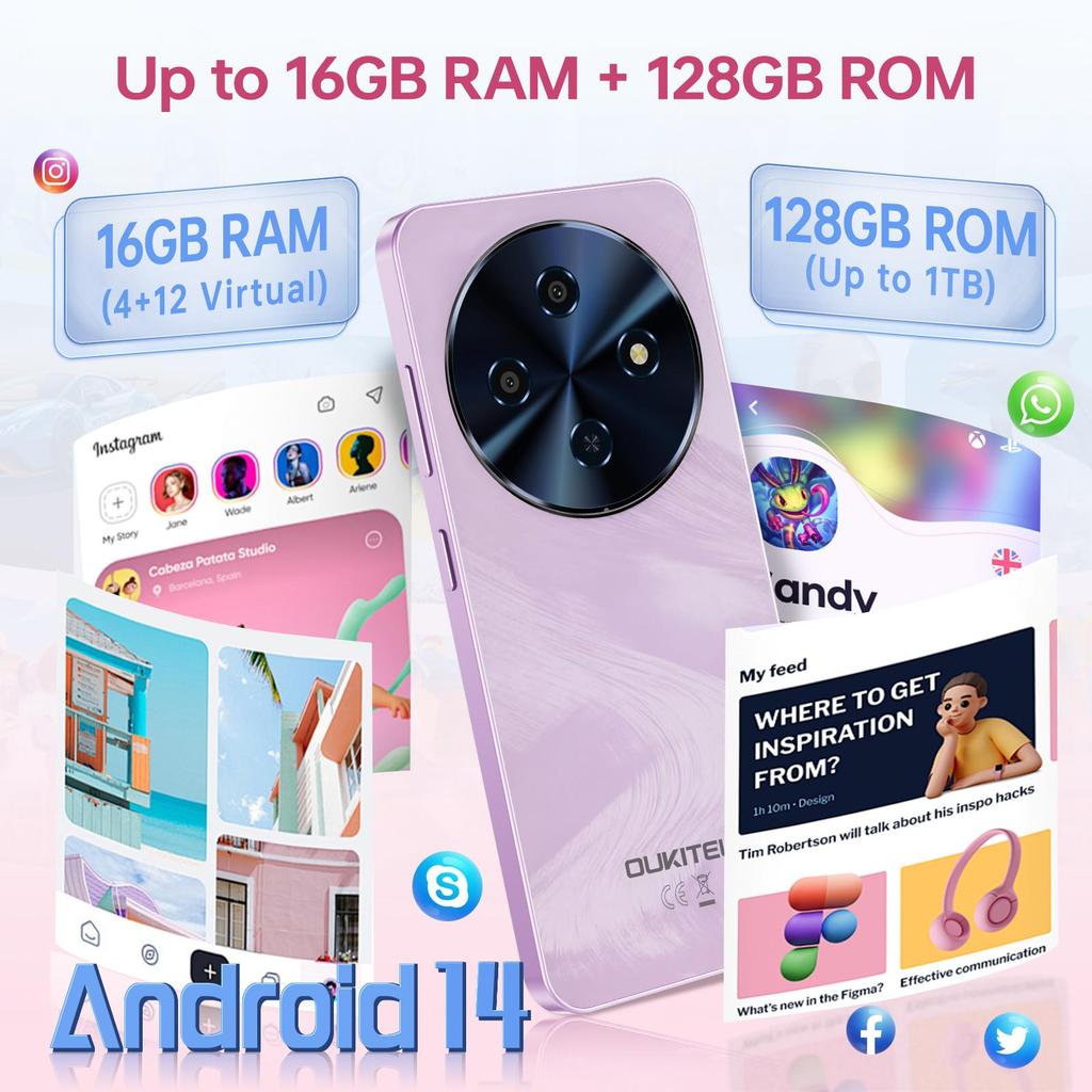 OUKITEL C5 Phone Unlocked, 16(4+12) GB RAM+128GB/TF 1TB ROM Cell Phone, 6.52" Waterdrop Display, 5000mAh Battery Android Phones