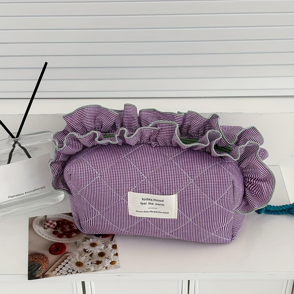 Makeup Bag, Lace Checkered Ins-Style Minimalist Niche High-Appearance, Portable Large-Capacity Cosmetic Pouch, for Women, Home & Travel Use