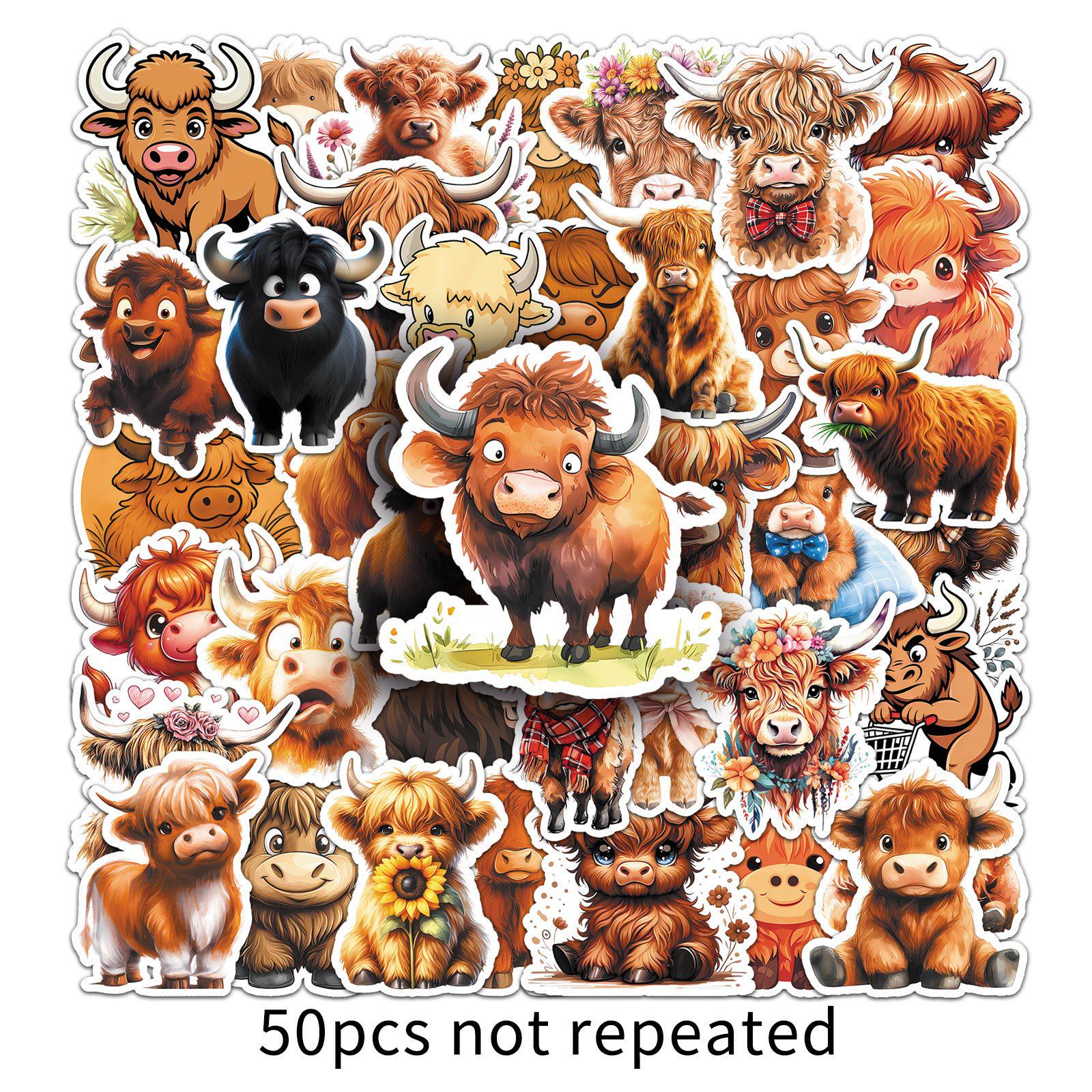 50 Cartoon Highland Cow Stickers - Waterproof Decorative Notebook Stickers