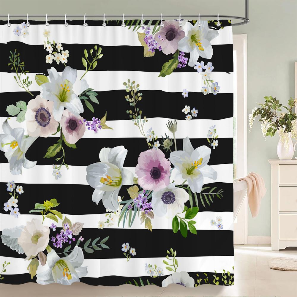 Black White Stripes Flowers Butterfly Pattern Shower Curtain 3D Bath Screen Waterproof Fabric Bathroom Decor Shower Curtains