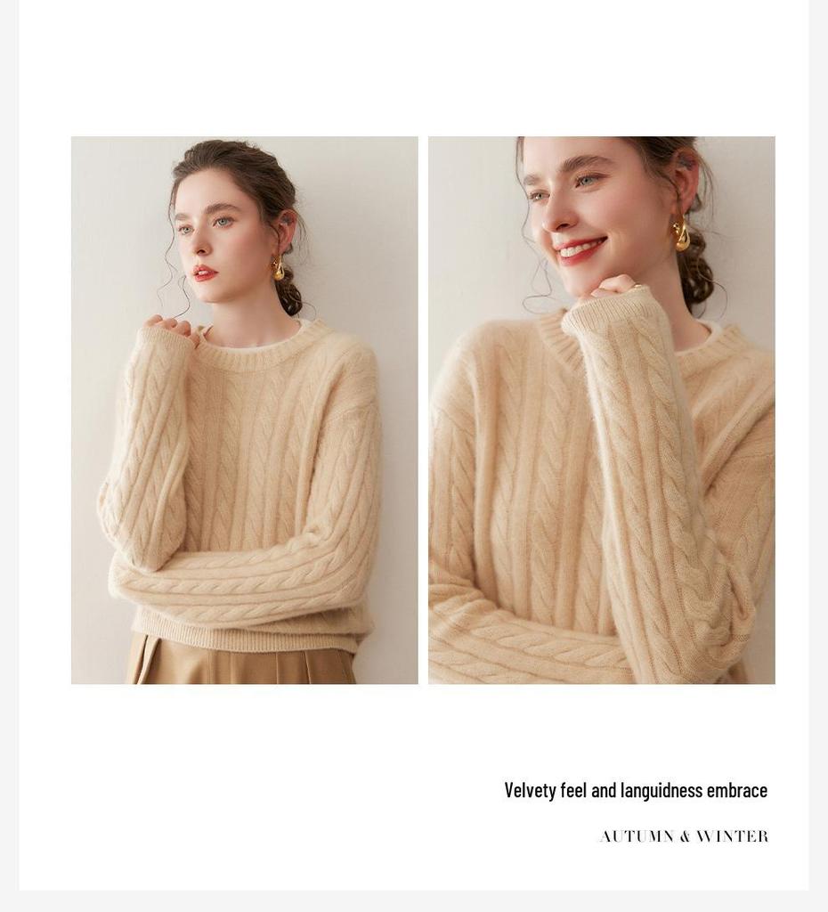 Elegant Women's Color-Block Cable Knit Cashmere Sweater, Round Neck Pullover, Autumn/Winter Style Base Layer Top