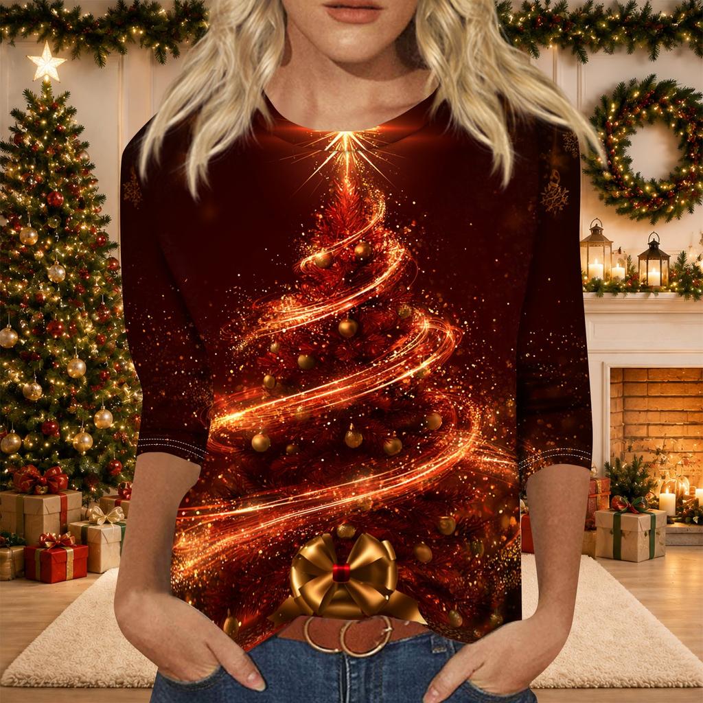 Women's Casual Three-Quarter Sleeve Christmas Print Neck Top for Giving