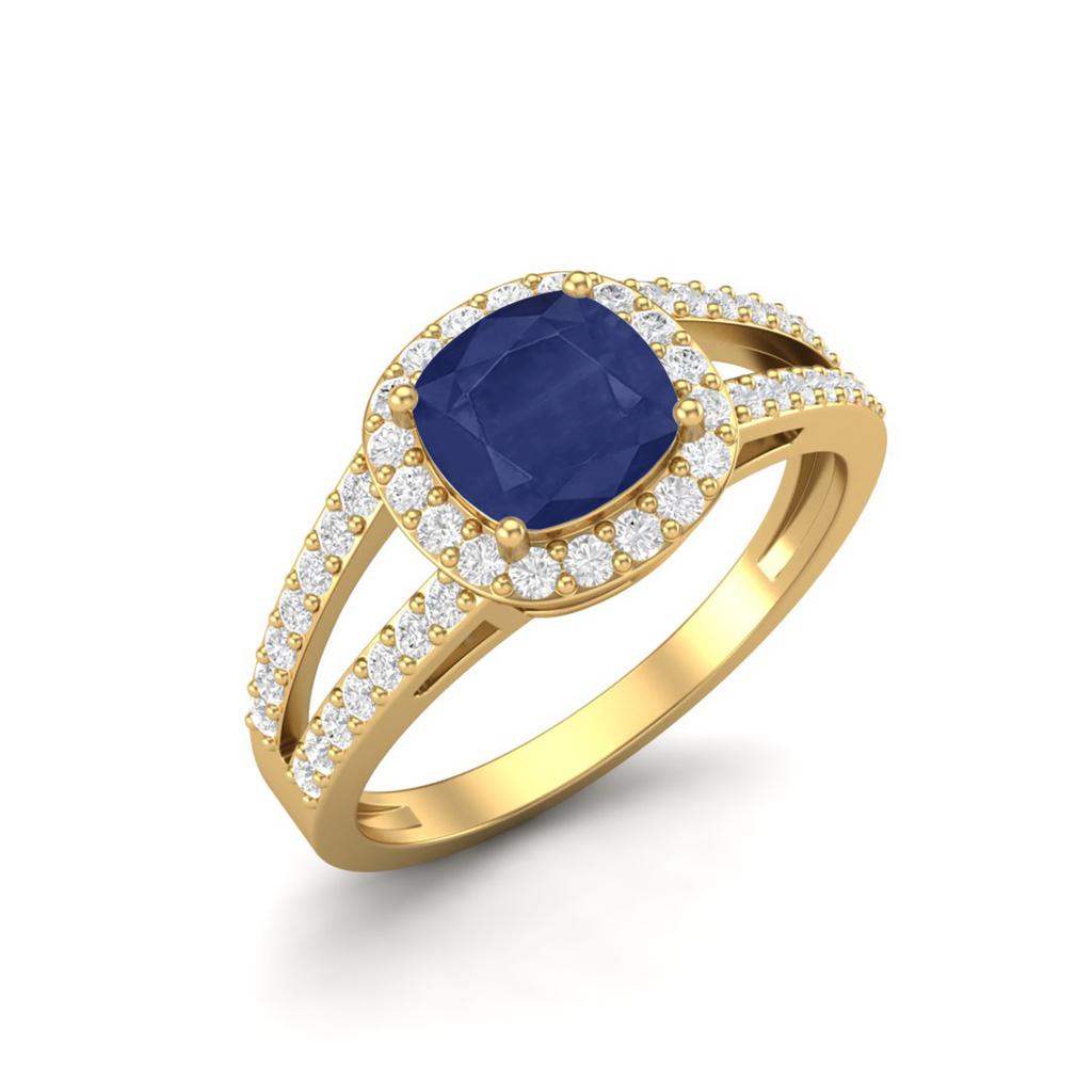 1.67 Cts Cushion Blue Sapphire 925 Sterling Silver Gold Vermeil Solitaire Accent Women Wedding Ring