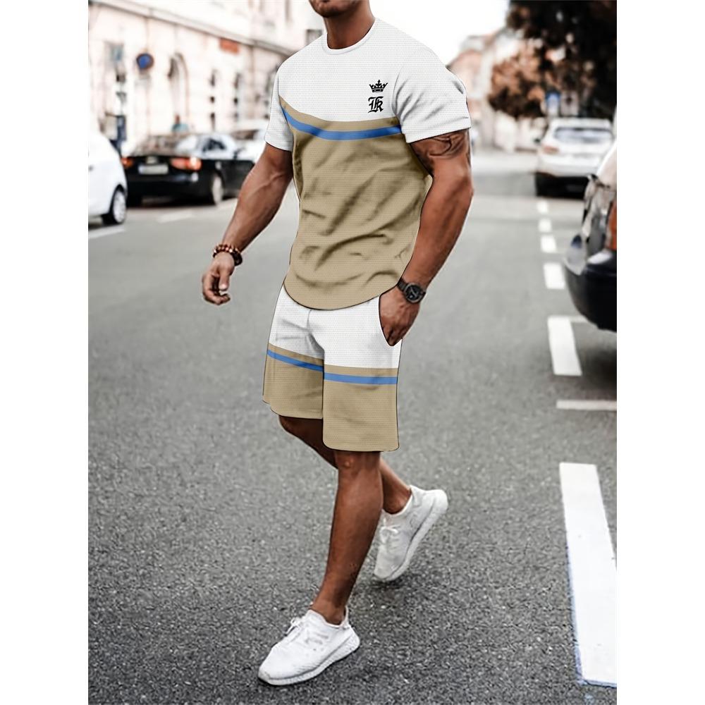New Stitching Printed Men's Suit Summer Round Neck Short Sleeve Top And Casual Shorts Fashion Street Style Two-Piece Set