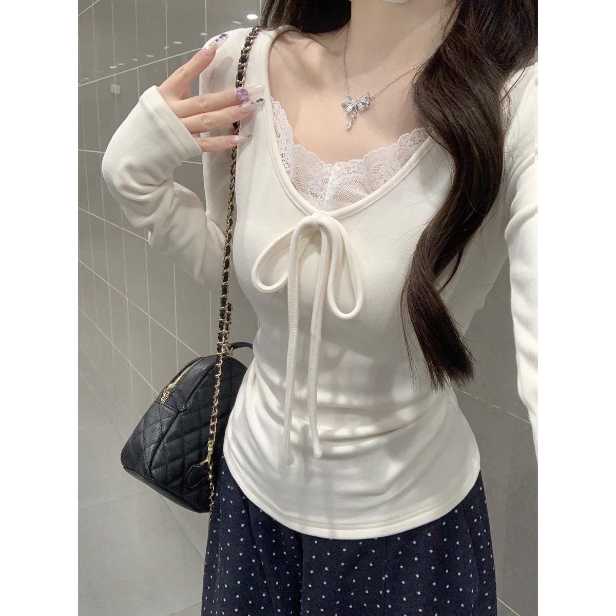 Korean Style Lace-up V-Neck Thermal Fleece Slim Fit Long Sleeve Top Medium абрикосовый
