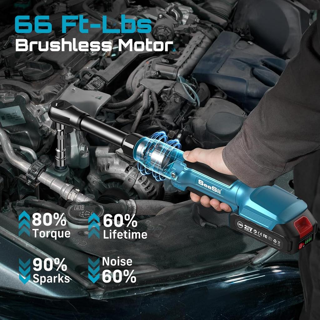 Seesii 6.3'' Extended Electric Ratchet Wrench 3/8" Cordless Electric Wrench 80Nm 21V  Rechargeable Angle Wrench Car Repair Tools