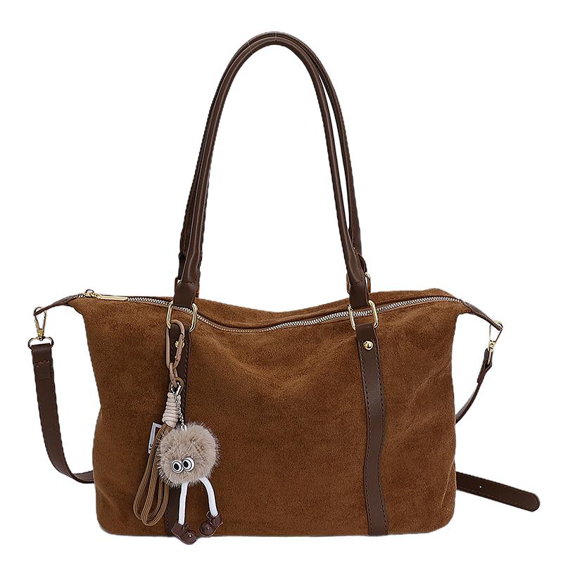 Faux Suede Solid Color Sewing Tote Bag 2026 Fashi Large Capacity Versatile Bags for Women Retro Sweet Commuting Shoulder Bag