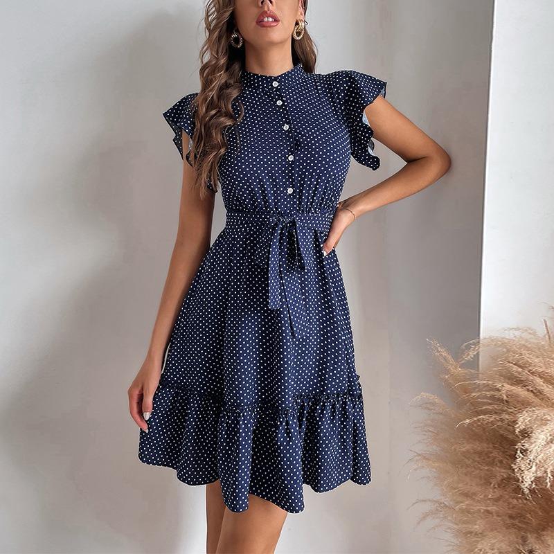 

Женское платье в горошек с оборками на рукавах, летнее, с завязками на талии, юбка А-силуэта L темно-синий
