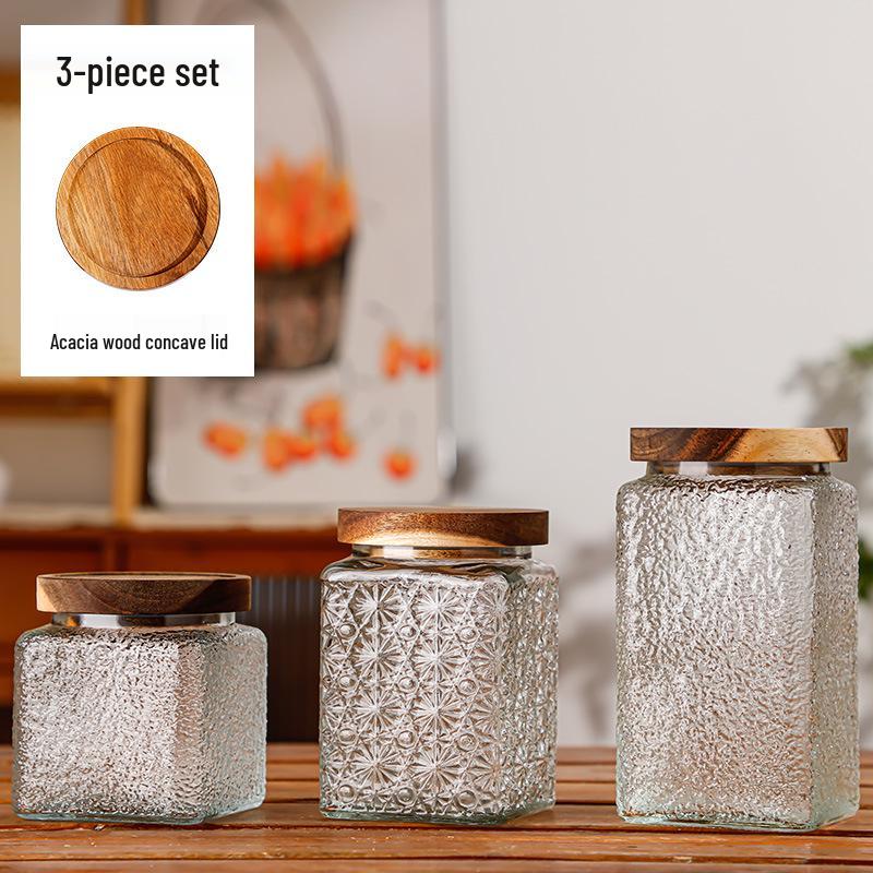Retro Carved Storage Jar with Acacia Wood Lid for Grains, Dried Fruits, and Snacks