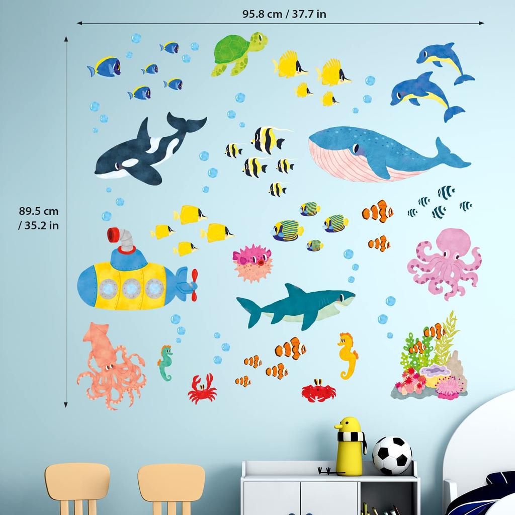 DECOWALL Underwater Marine Life Wall Stickers Decorative Wall Art for DIY Projects Wall Transfer Stickers for and Children Bathroom Room Decorative