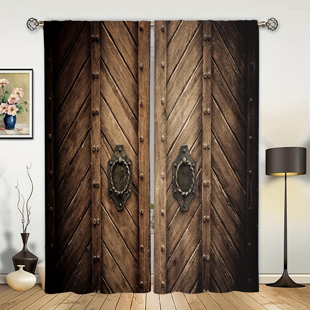 2pcs Light Colour Wooden Door Printed Curtain For Home Decor Rod Pocket Window Treatment For Bedroom,Office,Kitchen,Living Room