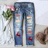 Women's Mid Rise Distressed Jeans Straight Leg Jeans Christmas Snowflake Patch Print Non Stretch Cotton Winter Street Printed Long Denim Pants