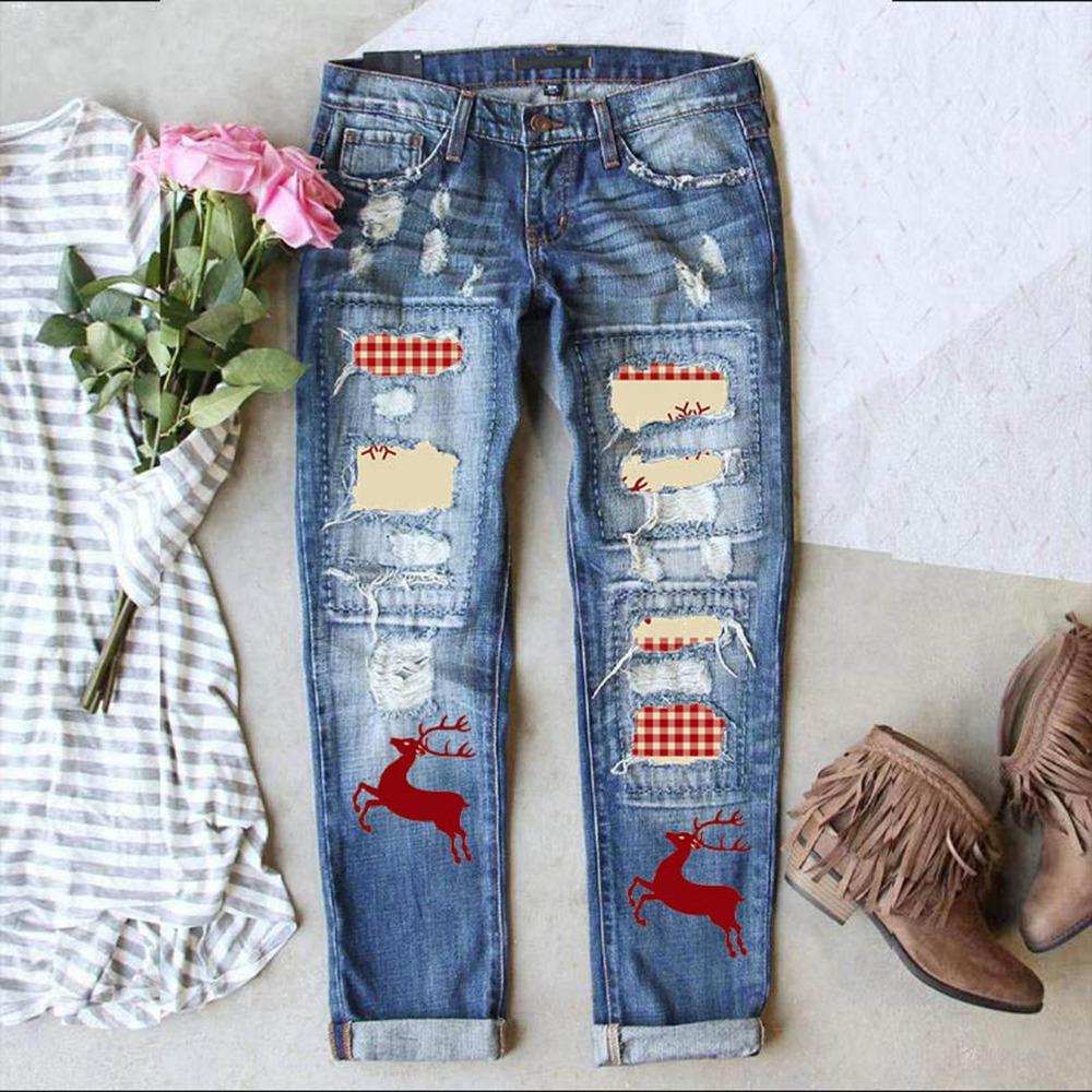 Women's Mid Rise Distressed Jeans Straight Leg Jeans Christmas Snowflake Patch Print Non Stretch Cotton Winter Street Printed Long Denim Pants