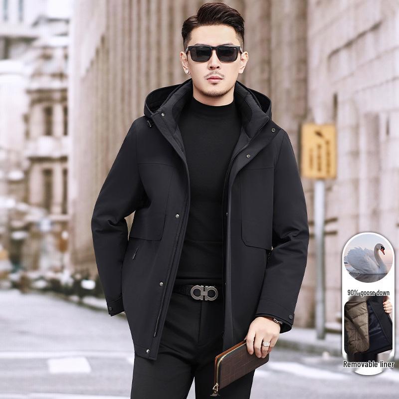 Men's Hooded Winter Jacket with Detachable Liner – 90% Goose Down, Warm Mid-Length.