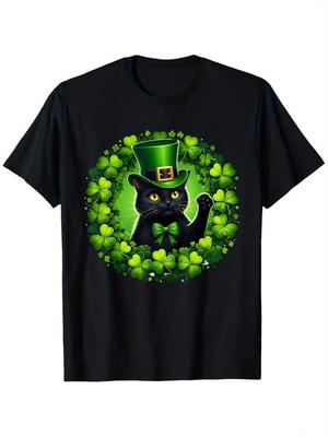 Black Cat St Patrick’s Day  Shirt Lucky Shamrock Leprechaun Hat Graphic Tee