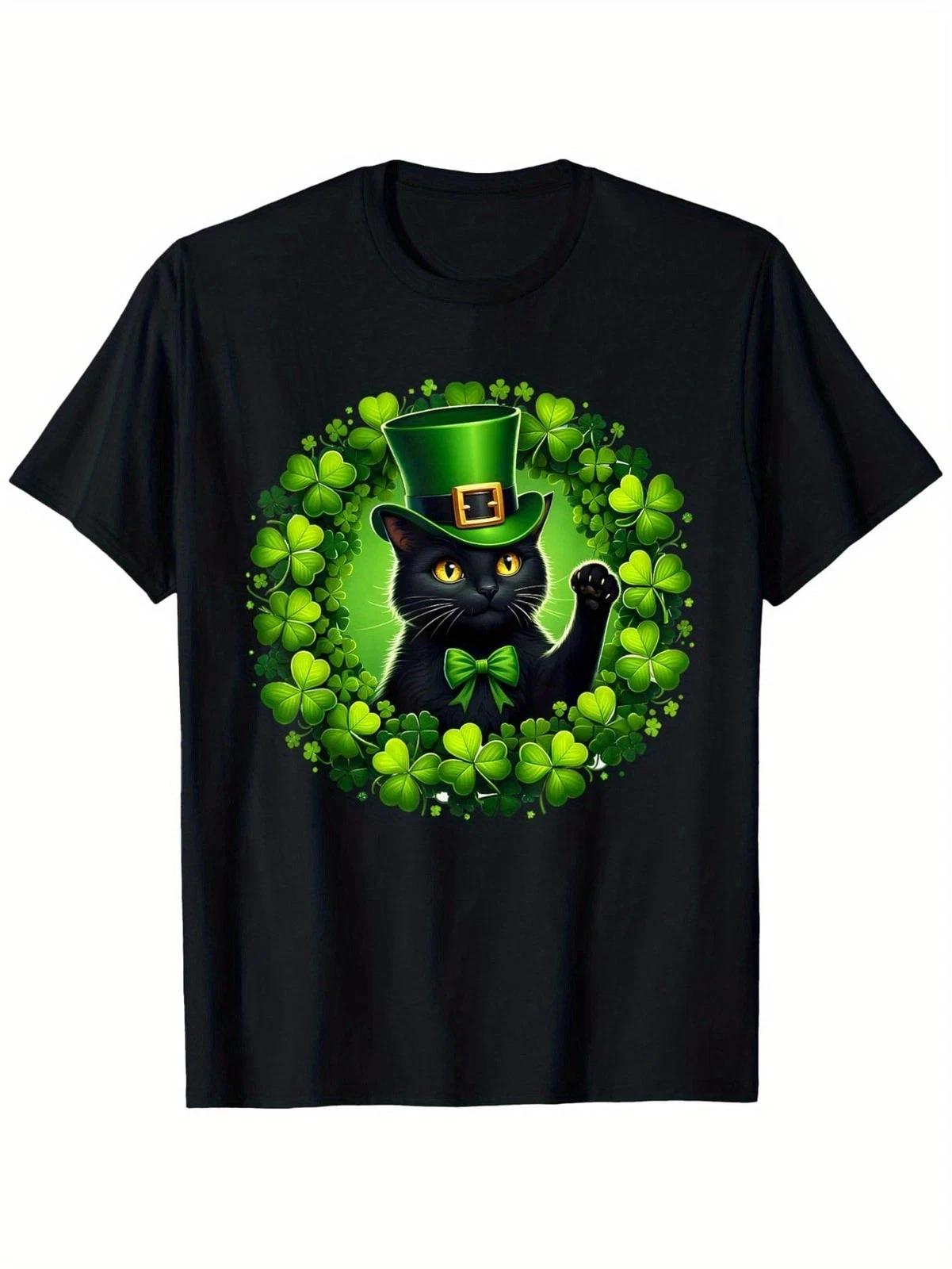 Black Cat St Patrick’s Day Shirt Lucky Shamrock Leprechaun Hat Graphic Tee 3XL