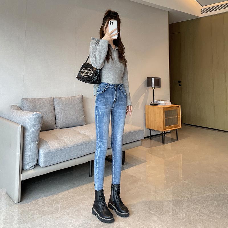 High-Waisted Elastic Skinny Jeans for Women - Fluffy, Warm, Thickened, Slimming Pencil Style for Autumn/Winter 2023