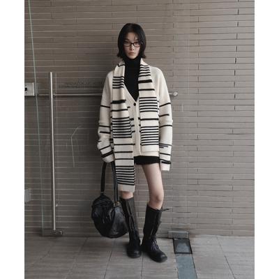 Designed Arctic Velvet Striped Sweater for Women In Winter Lazy Style Knitted Cardigan with Scarf