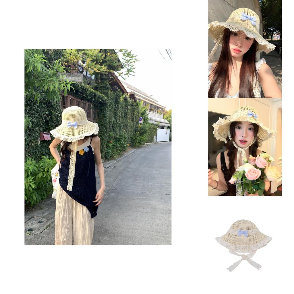 Trendy Japanese Country Style Beige Straw Fisherman Hat With Lace And Bow Detail