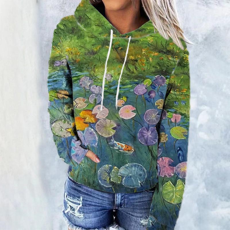 Vintage Printed Hooded Sweatshirt Sportwear Coat for Women 3D Pocket Hoodies Autumn Women's Pullovers