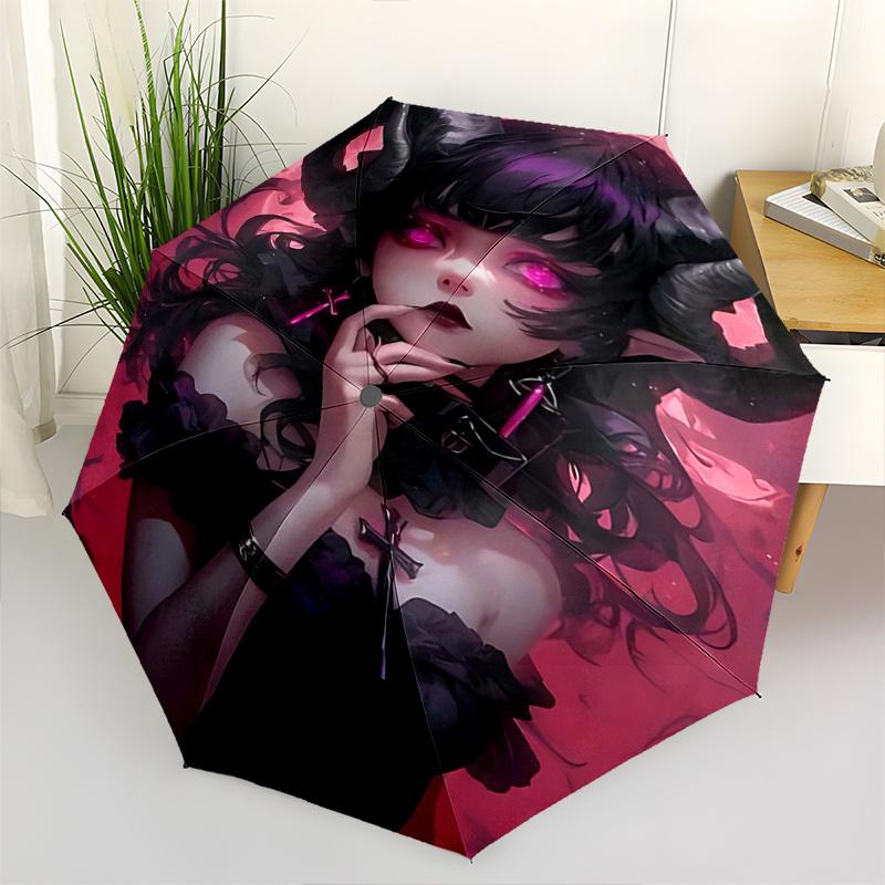 

1pc Gothic Devil Girl Design Automatic Opening/Closing Umbrella with Cross Pendant, Portable Folding Design, Outdoor for Fans, Travelers, Daily U
