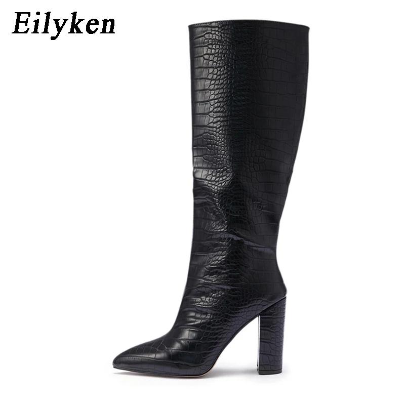 Fashion Eilyken Spring Autumn Pointed Toe Women Long Knee-High Boots Fashion Soft Leather Square High Heels Female Shoes