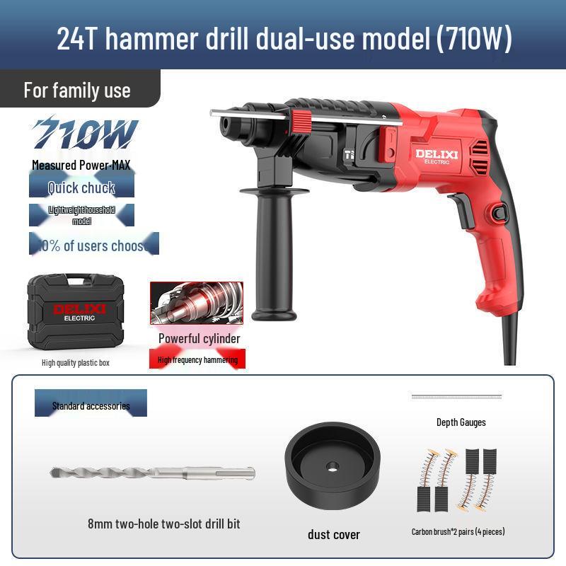 

Delixi Multi-Function Electric Hammer Drill: High-Power Impact Tool for Home and Industrial Concrete Use.