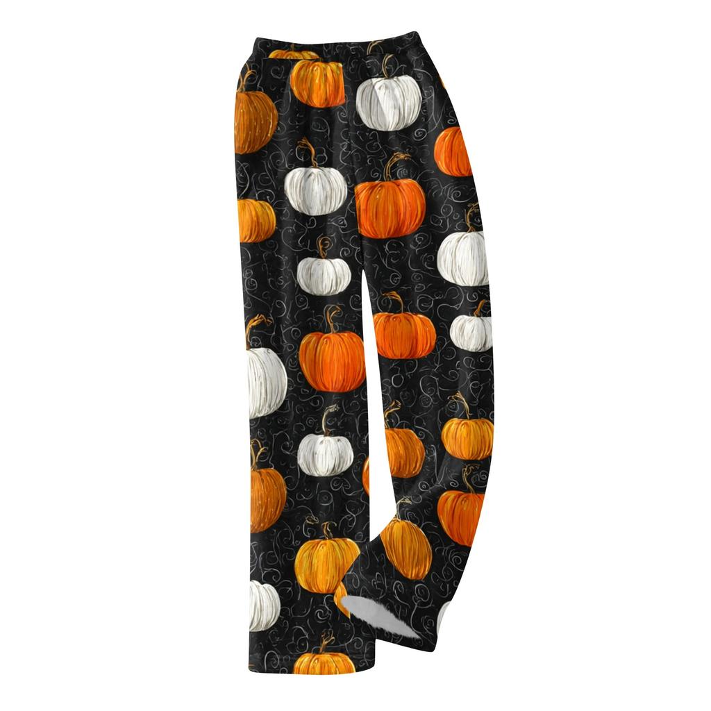 Women Halloween Print Plush Lounge Pants Soft Elastic Waistband Relaxed Fit Long Casual Trousers for Indoor Outdoor Wear
